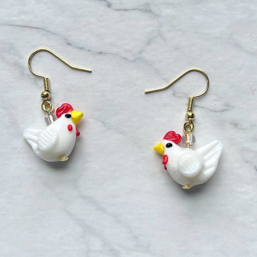 White and Red Rooster Charm Earrings